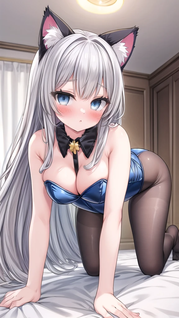 Long Hair, Gray Hair, blue eyes, Large Breasts, Cat ear, ((Black leotard)),On the bed,(On all fours),Blushing, Estrus,Fan-shaped,sexy,Adult