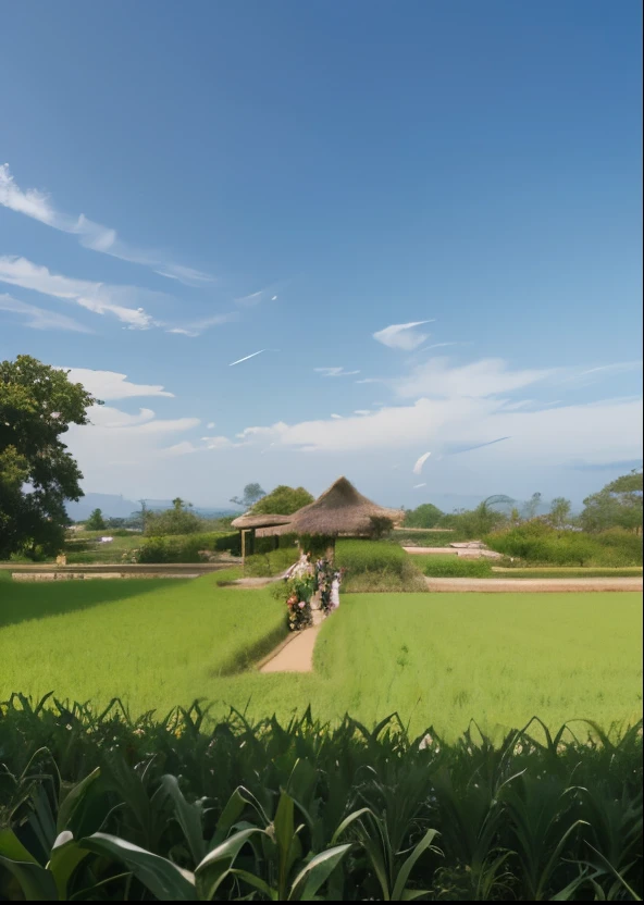 a corn garden (on the right) and a cassava garden (on the left) with people harvesting it and a rice basket with an open top showing the rice (in between the two gardens)
