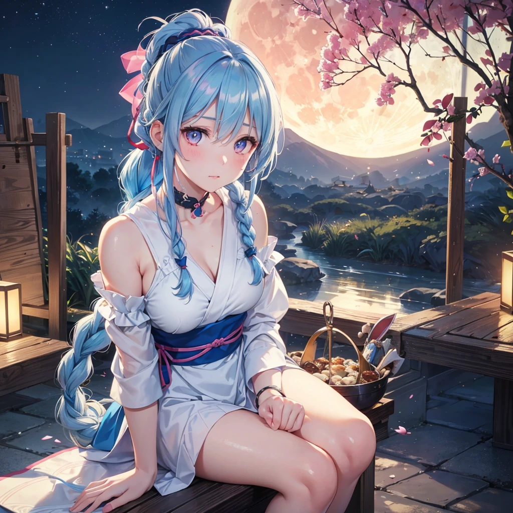 Sky blue hair, (Braided Ponytail:1.2), Pink eyes,Fair skin ,(whole body),(One Girl),(White sweet dumplings ),White round dumplings,Japanese pampas grass,(beautiful, A large full moon shining in the night sky),(masterpiece, Highest quality, Very detailed, Best Shadow), (Detailed Background), (Beautifully detailed face), High Contrast, (Best lighting, Very delicate and beautiful), ((Cinematic Light)), colorful, Hyper Detail,8k, Dramatic Light, Intricate details,Sit and eat dumplings while watching the moon,(A moon with a rabbit pattern),mysterious