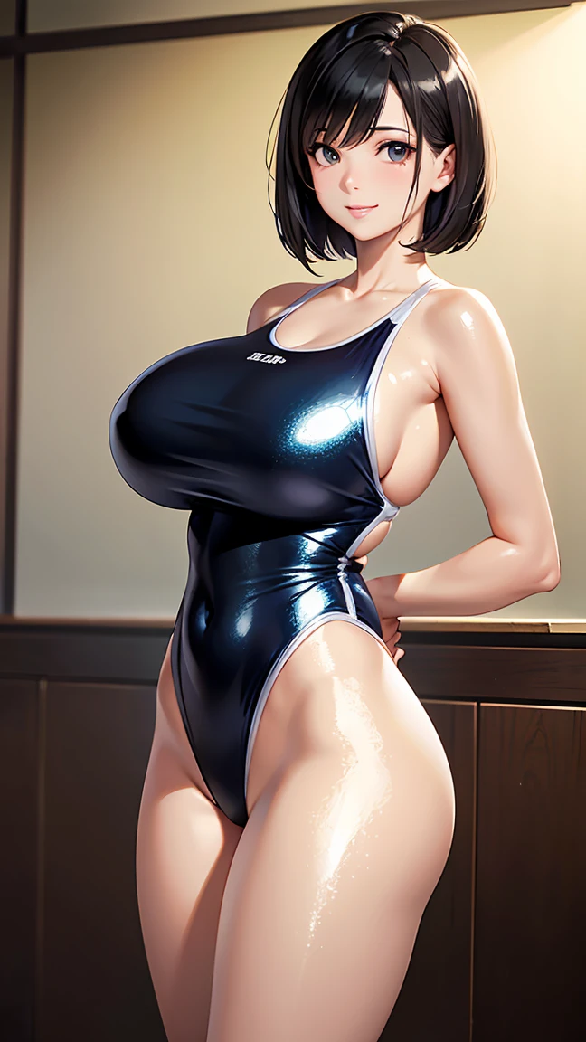 Extremely detailed CG, Highly detailed skin, Perfect Anatomy, Dynamic Lighting, Beautiful attention to detail, (Realistic:1.4), Japanese Girls, (1 girl), (Mature Woman :1.6), Black Hair, short hair,Bob Cut Hair, Beautiful Eyes, wide double eyelids, smile, (Huge breasts:1.3), (Curvy:1.4), (Shiny metallic white one-piece swimsuit:1.5), (sunny:1.2), Standing with legs spread、from back、She's trying to get out the front door.,