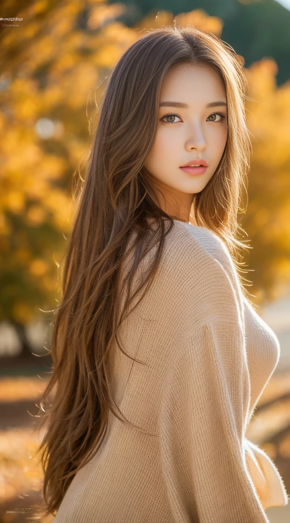 (Highest quality、4K、masterpiece:1.3)、Beautiful woman、One Girl、Sexy:1.1、Light brown hair:1.1、Autumn outfit、Ultra detailed face、Detailed lips、Detailed eyes、double eyelid