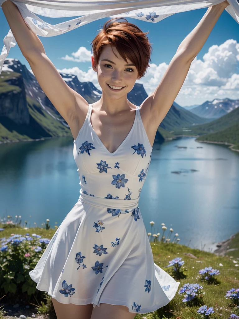 slim feminine figure, redhead, freckles, best quality, realistic skin texture, photography, detailed facial features, film grain texture and high contrast, extremely high-resolution details, photographic, photorealistic, hyper-realistic, HDR, masterpiece, ((short pixie hair)), a white flowy summer dress ((with lots of blue flower prints and a v-neck)), standing on view point in the Norwegian mountains with a magnificent view, exhausted and tired from walking but very happy, smiling, arms out in the air, celebrating, (((very firm round medium sized breasts))), ((thin waist)), (((wide hips)))