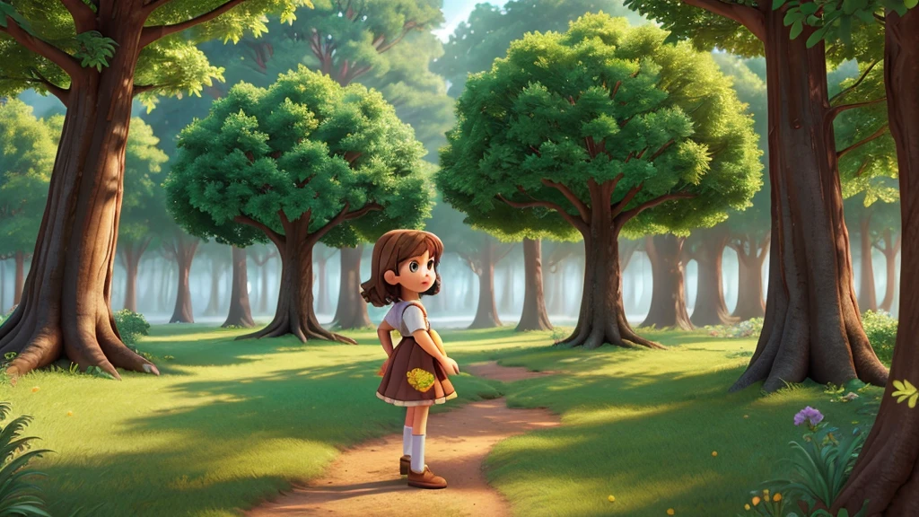 1 girl with brown hair and brown dress, tocando a un big tree en un bosque mágico . illustrative of disney, (Best Quality, 4k, 8k,High resolution, masterpiece:1.2) Bright trees background., enchanted atmosphere, colors, fantasy elements, Sun rays,. Great composition with great detail and colors, big tree, , Retailer, Disney, colorful magical tree details, details on face, Outstretched hand, details on hand and arm, eyes, side perspective, side view