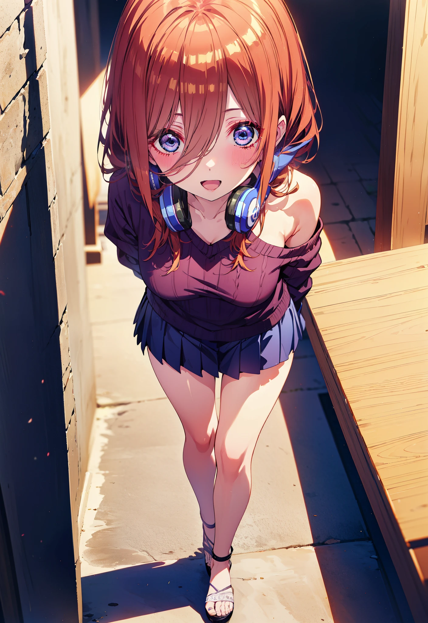 Miku Nakano, miku nakano, Long Hair, bangs, blue eyes, Brown Hair, shirt, Hair between the eyes, Headphones around neck,happy smile, smile, Open your mouth,One-shoulder sweater,mini skirt,Heeled Sandals,Walking,morning,morning陽,Clear skies,whole bodyがイラストに入るように,
break outdoors, Building district,
break looking at viewer,whole body,
break (masterpiece:1.2), Highest quality, High resolution, unity 8k wallpaper, (figure:0.8), (Beautiful attention to detail:1.6), Highly detailed face, Perfect lighting, Highly detailed CG, (Perfect hands, Perfect Anatomy),