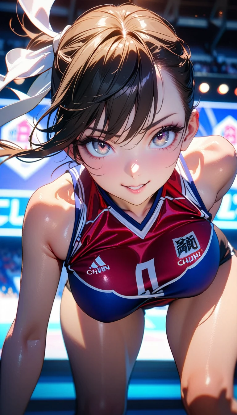 (8k, masterpiece), high resolution, high quality (best quality), very detailed, chun-li, looking at you, seductive look, sexy smile, volleyball uniform, Upper part of the body, bent over, in a women's volleyball game, spectacular dynamic lighting, beautiful eyes, delicate face, detailed skin, detailed breasts, detailed wallpaper, Eyes,Beautiful eyes