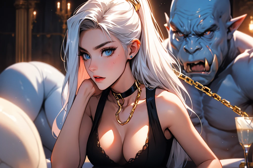 (lifelike, high - resolution:1.3), 1 girl with a perfect body,slender body, Super fine face and eyes,assasin, dark makeup, shiny skin,white hair, (surrounded by monster, orc), demons, beautiful captured girl, horror, light blue eyes, dark, sexy, rough, , bdsm, golden chains, (golden leash), collar, beautiful bodies, slim, horror style, highly detailed faces, red silk underware, stockings, leather tight boots, closeup, ((orc groping girl, gangbang)), ((covered in cum))