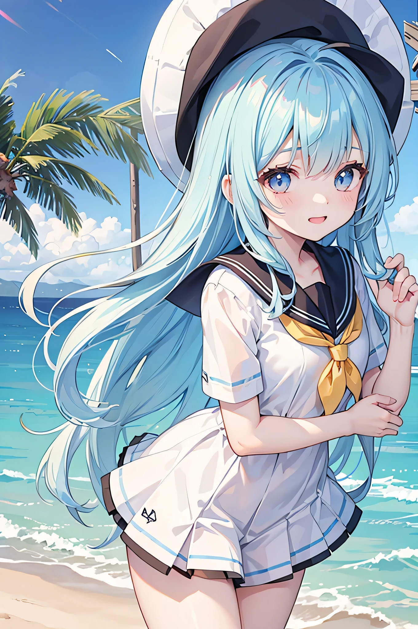 ((Top quality)), ((masterpiece)), (details), High resolution, super detailed, very detailed CG Unity 8k wallpaper, real, photorealistic, Beautiful fine face, detailed face. Pale skin, realistic shining skin. Detailed fabric texture, detailed hair texture. (Eyes with attention to beautiful details: 1.5), (Small hand), ((perfect hand)). (chibi:1.4),chibi character,chibi style, toe, (cwhite background:1.4),full body,masterpiece, high quality, 4K, HDR,, High quality, stunning artwork of a slender girl with voluminous hair, a big smile, and a playful expression. She wears a sailor hat and a sailor dress, with a peek of lace panties visible as her skirt rides up. She's enjoying an wafer, creating a messy yet adorable scene. The background showcases a sunny summer beach, with crystal-blue waters. Her hair is black, and she has pink highlights in her eyes. The focus is on her face and upper body.