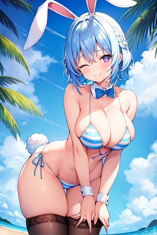 1girl, rabbit ears, bunny ears, light blue hair, very short hair, one eye closed, purple eyes, large breasts, thick thighs, white bikini, beach, blue stripes, striped bikini, blue hair, smile, animal ears, animal ear fluff, hourglass figure, hands behind back, arms behind back