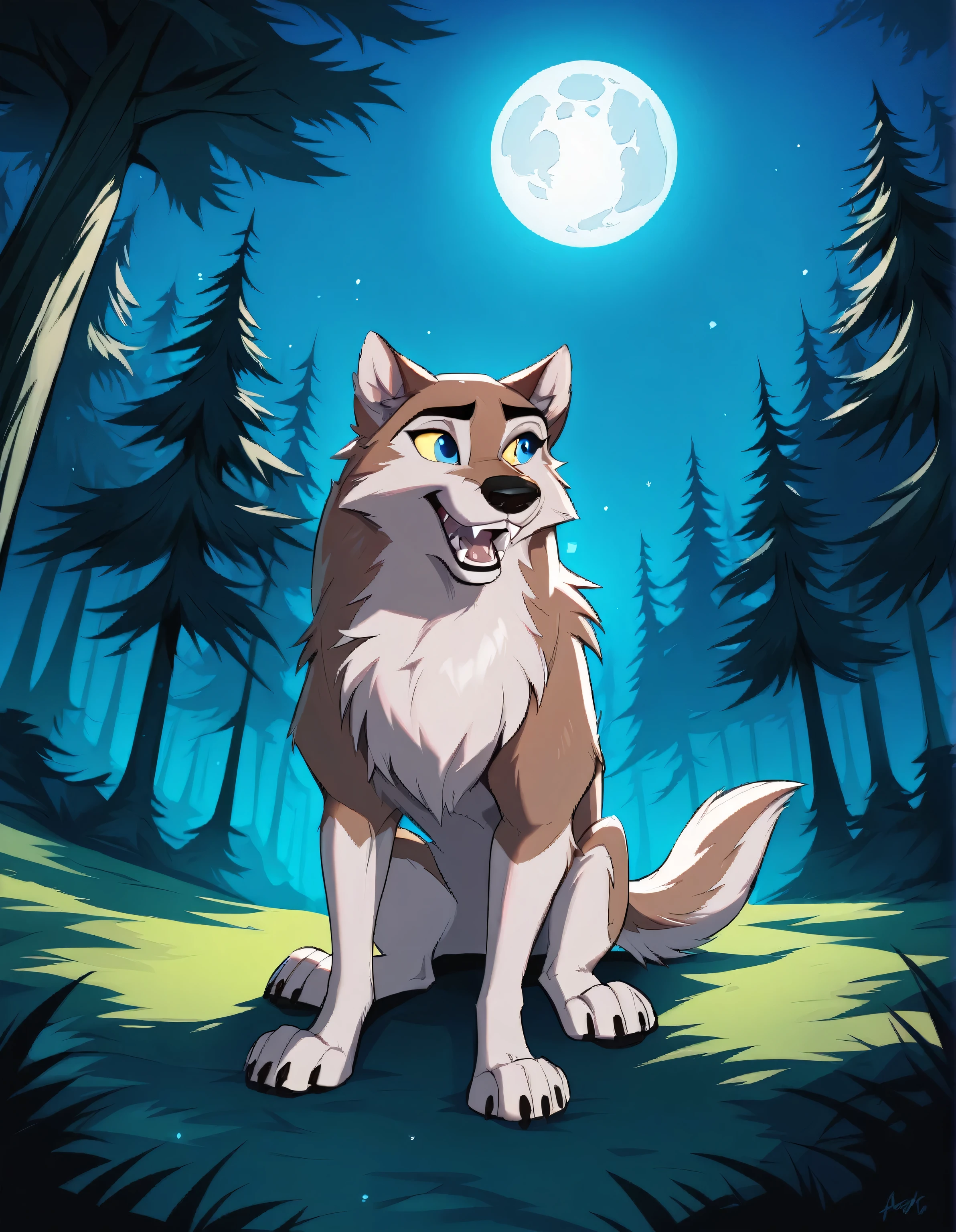 Cartoon wolf sitting in the forest at night under a full moon, ein anthropomorpher Wolf, wolf fursona, pelziger Wolf, an anthropomorpher Wolf, inspired by Caspar Wolf, anthropomorpher Wolf, angiewolf, Order for high resolution, big wolf, Anthropomorphs Wolfsgesicht, female anthropomorpher Wolf, Wolf Companion, fursona art