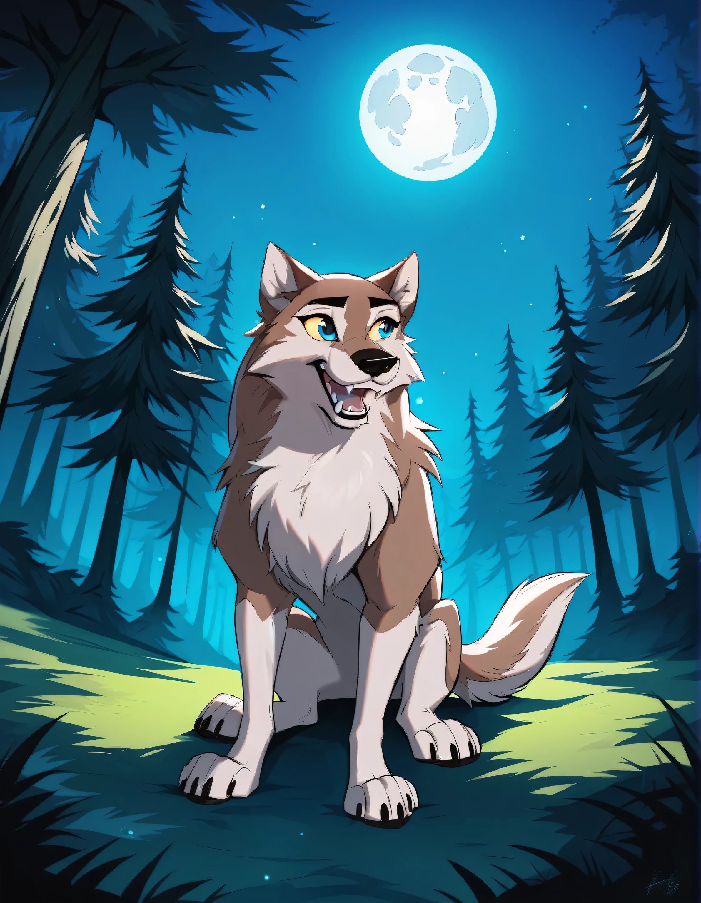 Cartoon wolf sitting in the forest at night under a full moon, ein anthropomorpher Wolf, wolf fursona, pelziger Wolf, an anthropomorpher Wolf, inspired by Caspar Wolf, anthropomorpher Wolf, angiewolf, Order for high resolution, big wolf, Anthropomorphs Wolfsgesicht, female anthropomorpher Wolf, Wolf Companion, fursona art