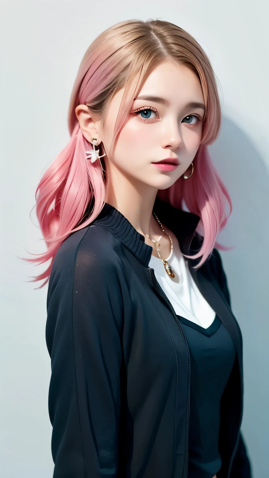 rainbow, One Girl, alone,very cute, Long Hair, View your viewers, Blue Eyes Background, White Background, jewelry, Mouth closed, Jacket, Upper Body, Pink Hair, Earrings, Pink Eyes, necklace, From the side, sweater, lips, eyelash, Compensate, Wavy Hair, Earrings, cross, lipstick, 耳のEarrings, eye shadow, hoop Earrings, ピンクのlips, Variegated eyes, Pink Theme, , ピンクのeye shadow,