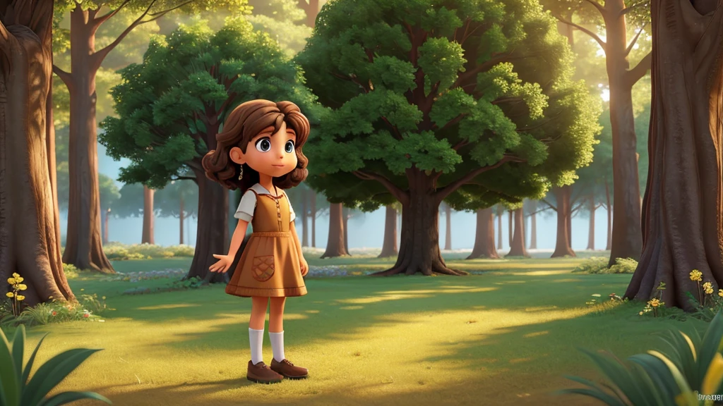 1 girl with brown hair and brown dress, junto a un big tree en un bosque. illustrative of disney, (Best Quality, 4k, 8k,High resolution, masterpiece:1.2) Bright trees background., enchanted atmosphere, colors, fantasy elements, Sun rays,. Great composition with great detail and colors, big tree, , Retailer, Disney, colorful magical tree details, details on face, Outstretched hand, details on hand and arm, eyes, side perspective, side view