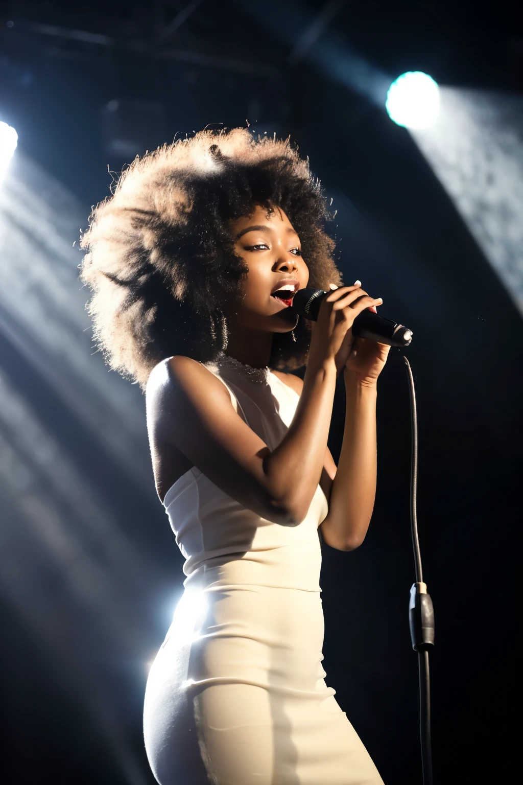 Darkskin black woman in a long white dress singing with a microphone, afro hair, full body photo in front of her, Dramatic, rays of light coming from above behind her (DON'T SENSUALIZE HER)