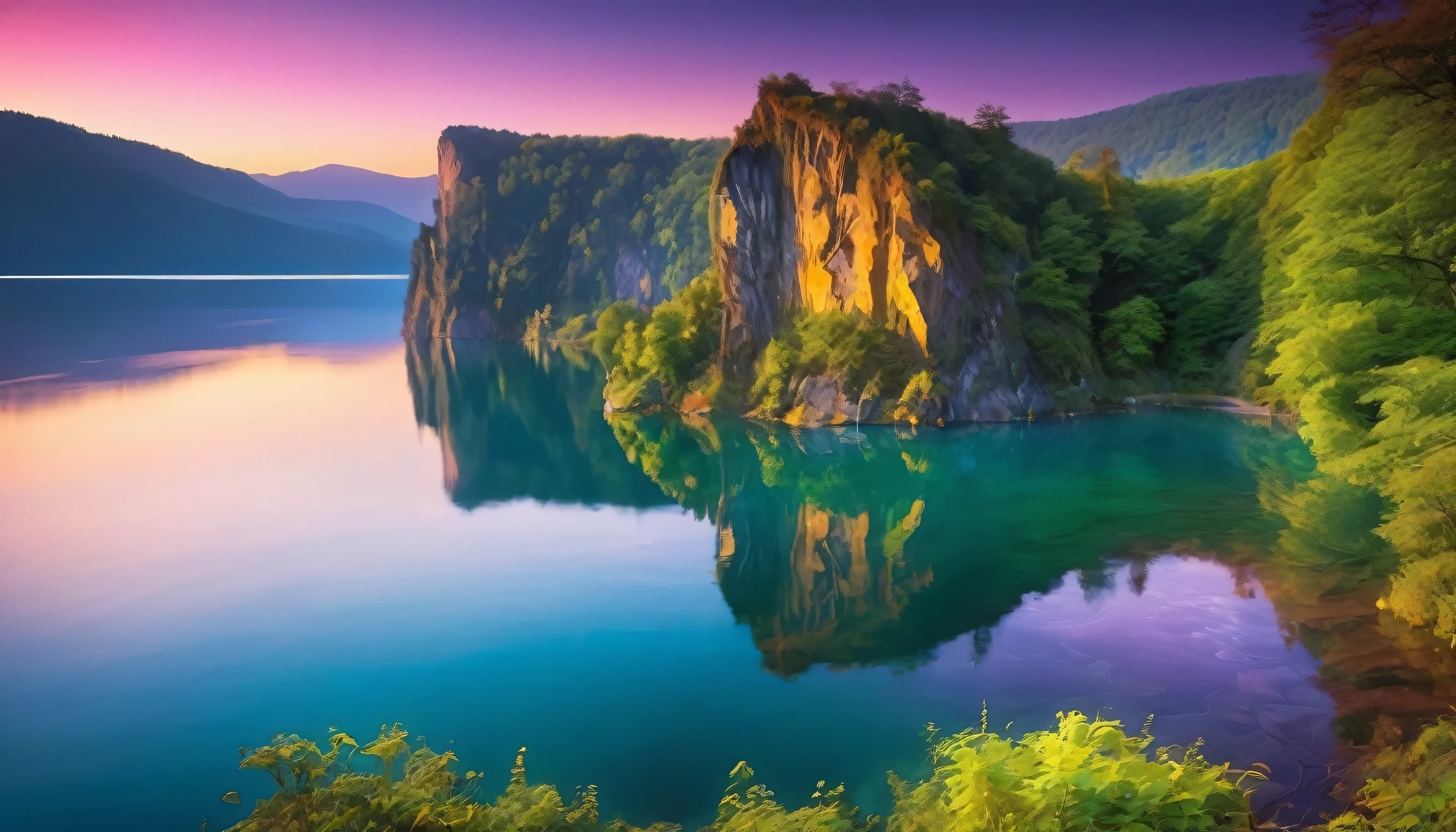 Photos that capture the essence of a magical dream world. A magnificent and legendary cliff jutting out over a beautiful lake, Surreal and vibrant colors illuminate the reflection.. The atmosphere is otherworldly, The soft evening light casts a fantastic shadow. This image exudes depth and mystery., It's as if the viewer is transported to another dimension., Create beautiful and memorable compositions. Shot with Canon EosIII Zeiss 120mm wide
