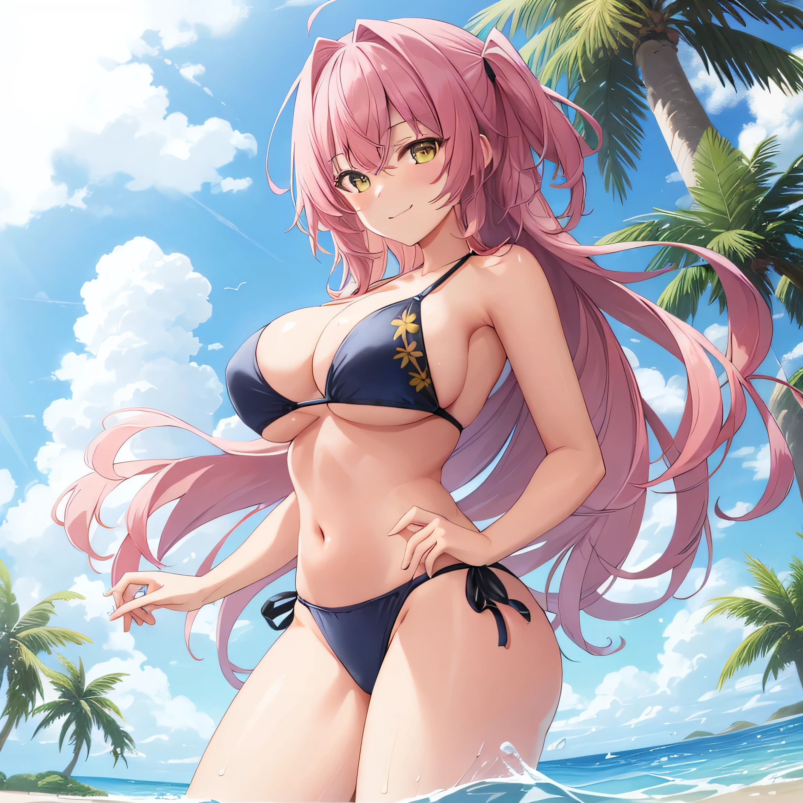 1024 X 1536, (masterpiece), maximum quality, 1girl, beach, blue sky, breasts, cleavage, looking at viewer, outdoors, palm tree, sky, solo, standing, swimsuit, water, thong, large breasts, bangs, bare shoulders, breasts, swept bangs, (perfect body, perfect posture, perfect hair, perfect eyes), lilac hair, yellow eyes, smile, 