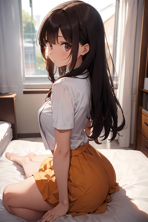 She is a student. She wears a white shirt, She wears a brown school skirt. She has brown hair, She has long hair down to her back. She has brown eyes. She is looking at the camera. She has big tits, her waist is thin. Sitting on a bed in her room. Translucent clothing. Not accessories. She is tall. Showing cleavage.