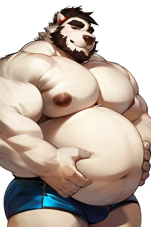 Chubby, ((massive pecs, belly)) furry, white full body, big body, white , boxers, beard, daddy, daddy face, father figure, seductive, plain background, white background, masculinr, by darkgem, big belly, round belly, musclegut, big stomach, overweight, thicc, obese, GUT