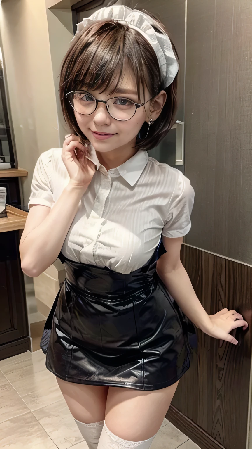 (Standing in a Japanese cafe、Maid café clerk、A girl dressed as a maid、17-year-old girl)、(Realistic、Like a photograph、Live Action、8k, Realistic, RAW Photos, Best image quality: 1.4), Single-lens reflex camera、RAW Photos, Highest quality, Realistic, Highly detailed CG Unity 8k wallpaper, Written boundary depth, Cinematic Light, Lens flare, Ray Tracing, Realistic background、(Wearing maid uniform:1.2、Mini skirt maid outfit:1.4、Apron over skirt:1.5、Over the knee socks:1.2、Thin thighs)、(Carrying coffee)、(short hair、Wear glasses)、Working in a cafe:1.4、((ultra high density skin))、 1 female,Cute Japanese Girl、(whole body:1.5),Business Smile、Pay attention to the details、Perfect outfit、Earrings、(White skin)、Accurate Arm、Accurate legs、Anatomically correct body、Accurate fingering、(Composition from below)