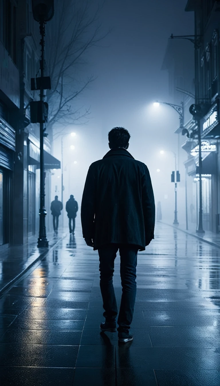 sad man walking through the city on foggy night 