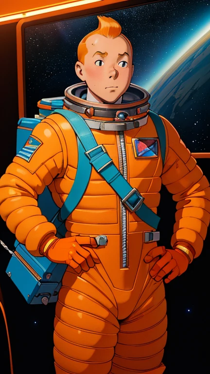 (Teens:1man: Tintin), (extremely detailed CG unit 8k wallpaper),(master part), (best quality), (ultra detali), (best illustration),(), cowboy shot, (Sharp eyeliner, ombre, detailed eyes:1),Dark space station interiors background, ,break , (astronaut in an orange space suit), upper body, short hair, orange hair