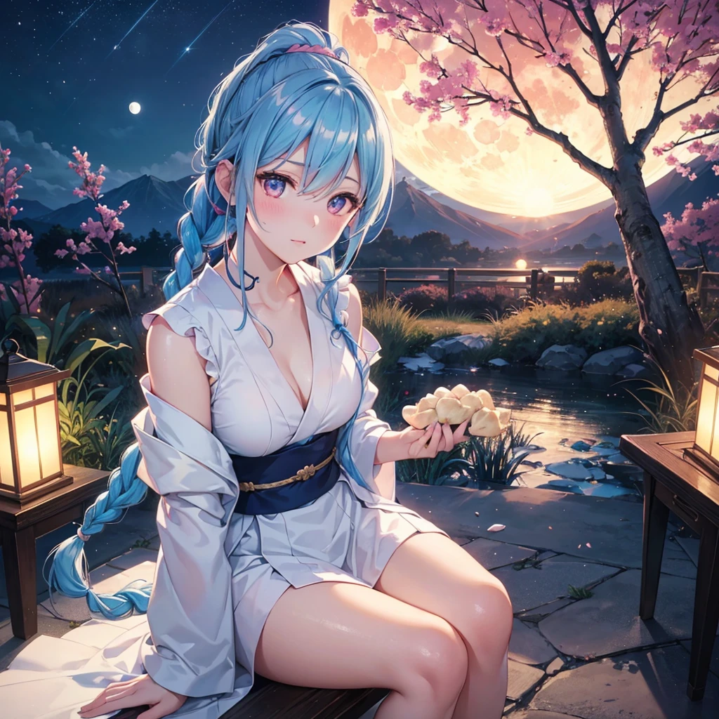 Sky blue hair, (Braided Ponytail:1.2), Pink eyes,Fair skin ,(whole body),(One Girl),Tsukimi,(White sweet dumplings ),White round dumplings,Japanese pampas grass,(beautiful, Full moon shining in the night sky),(masterpiece, Highest quality, Very detailed, Best Shadow), (Detailed Background), (Beautifully detailed face), High Contrast, (Best lighting, Very delicate and beautiful), ((Cinematic Light)), colorful, Hyper Detail,8k, Dramatic Light, Intricate details,Sit and eat dumplings while watching the moon,(Shadow of a rabbit on the moon),mysterious