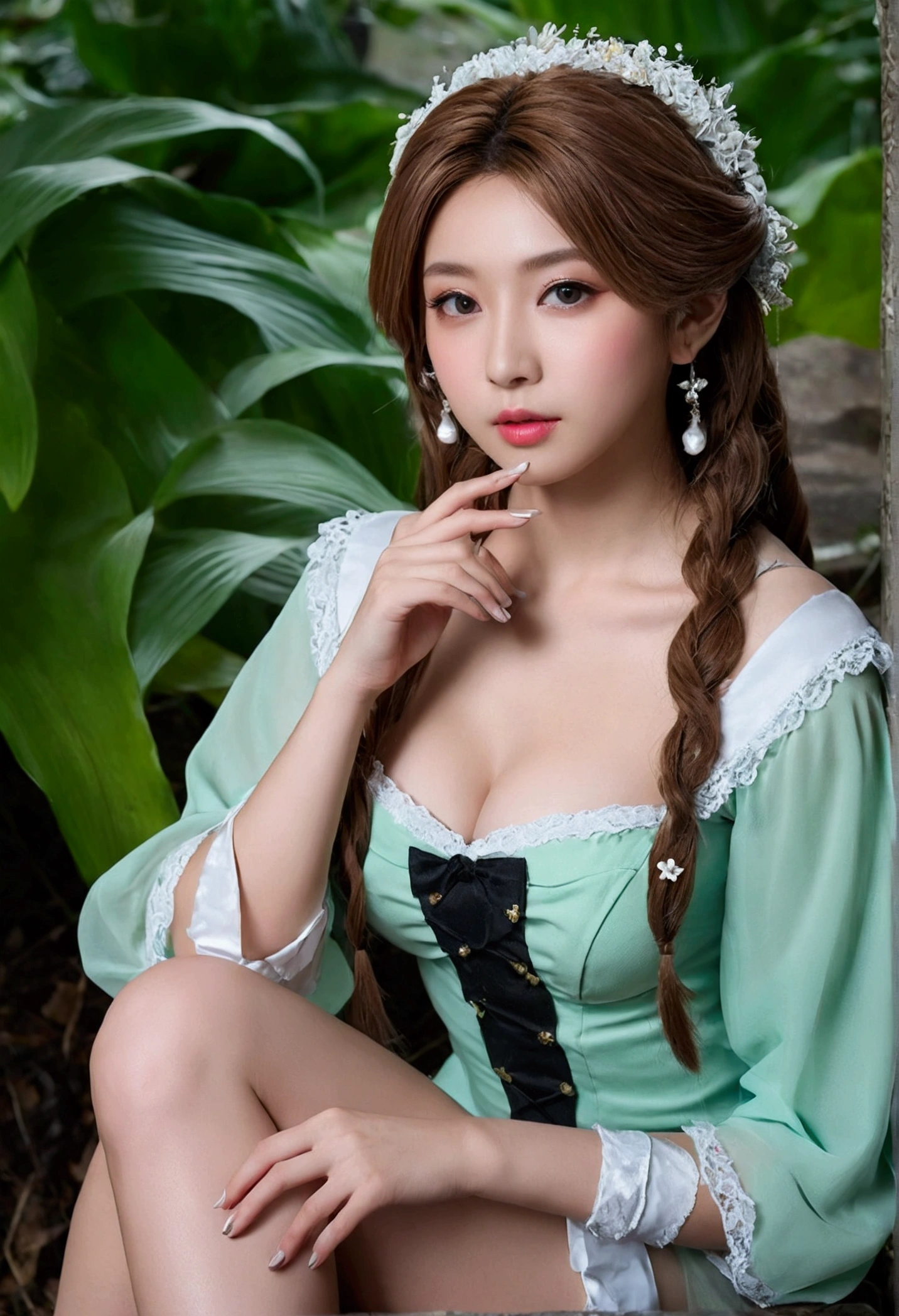 aerith gainsborough, (cosplay), (masterpiece, best quality:1.2), 1girl, solo, In the depths of Wonderland,The moonlight falls like water,foggy room,The figure of the heroine is vaguely visible,Just like the fairy in the painting,Slender sexy legs,Very nice legs,Leaking sexy legs,small breasts,Beautiful with a hint of mystery。Her face is beautiful and delicate,Like finely carved jade,Showing otherworldly beauty。The eyebrows are picturesque,The waves in my eyes are like twinkling stars,Show the light of perseverance and wisdom。The bridge of the nose is straight,Lip color like cherry,The slightly raised corners of the mouth reveal confidence and calmness。Her face is well defined,The skin is as fair as jade,Reveals a healthy glow,Just like a fairy, she never eats fireworks in the world。Her makeup is light and delicate,Not too much embellishment,But enough to show her temperament and charm。Light-colored foundation brings out the transparency of the skin,A light eyebrow pencil outlines her perfect eyebrow shape,Eye makeup is eye shadow and eyeliner,Make her eyes brighter and more energetic。Lips painted with grace lipstick,Adds a bit of charm and sophistication。Her clothes are graceful and chic,Clothes flutter,It seems like it will be blown up by the wind at any time,drifting into the distance。Without losing grace,Also showed her extraordinary skills。Rocking with her movements。Her hair is tied back casually,Secure it with a hosta,A few strands of hair are fluttering gently in the wind,Adds a bit of softness。Her figure is looming in the fairyland,Like a beautiful landscape with big breasts,attracted everyone's attention。She seems to be a fairy in wonderland,Big breasts beautiful、grace、mystery、and full of power。