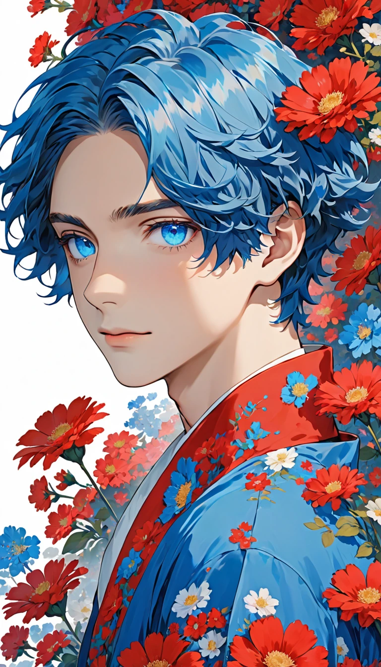 1Boy ,wearing , blue eyes, blue hair, and red flowers and short wavy hair,HoloDayo XL