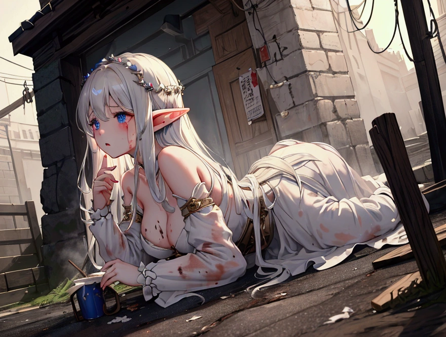 Highest quality, masterpiece, Ultra-high resolution, female、Normal milk、Dark and dirty alley、Beautiful Elf、Body and clothes stained with dirt、Homeless、Falling without strength、dark feelings、Weakened、poor、middle ages、Turning Away、hungry、