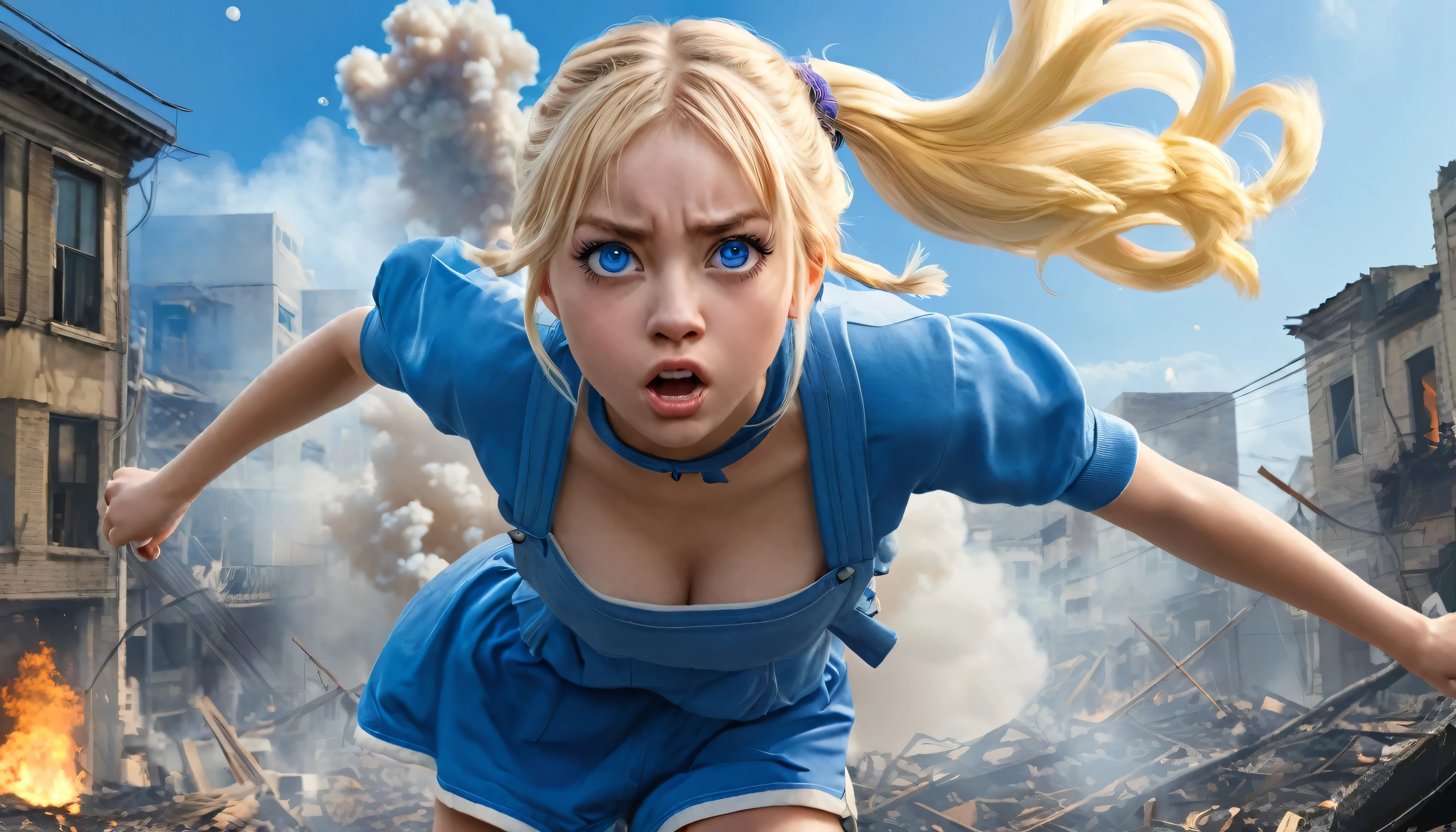 masterpiece, Highest quality, bubble, Blue clothes, Blonde Pigtails, Pretty face, Highly detailed eyes, Intense expression, Fighting Pose, Destroyed city, A distant fire, Rising Smoke, 