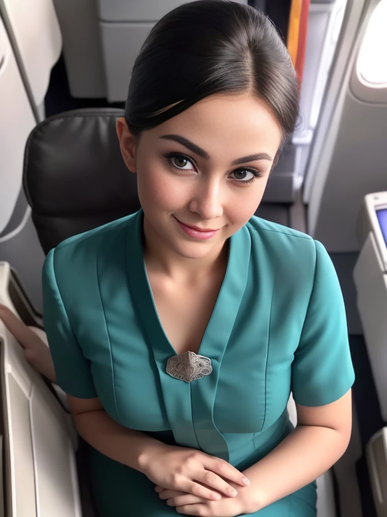 1girl, solo, 19 years old, (uniform), detailed inside commercial airplane, seductive pose, thick medium breasts, fit body, smooth realistic skin, cute little smirk, looking at the audience, high angle shot, (overhead view:1.4), (zoom-out:1.3), (8k, RAW photo, best quality, masterpiece: 1.4), (realistic, realistic: 1.37), ultra-high resolution, cowboy shot