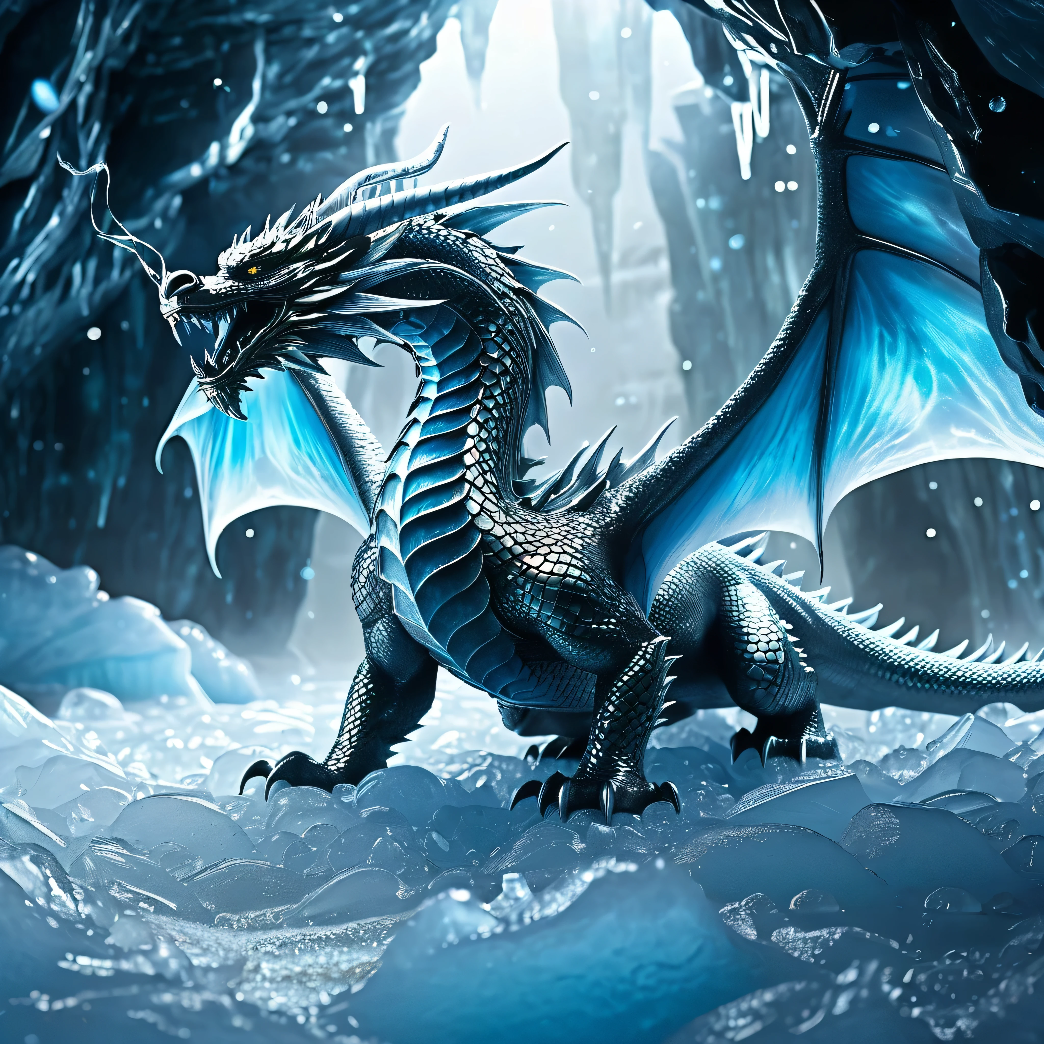 extreme long shot, BREAK, A silver dragon with (2 wings) in an ice cave, ((((ice pillars in the foreground, dragon partially hidden by ice)))), BREAK, (((((((large pile of golden {sand:coins:0.5),))))))) , BREAK, mystical creature, realistic, ultra detailed, masterpiece, dynamic pose, moonlit through the ice, (luminous mist on the ground)