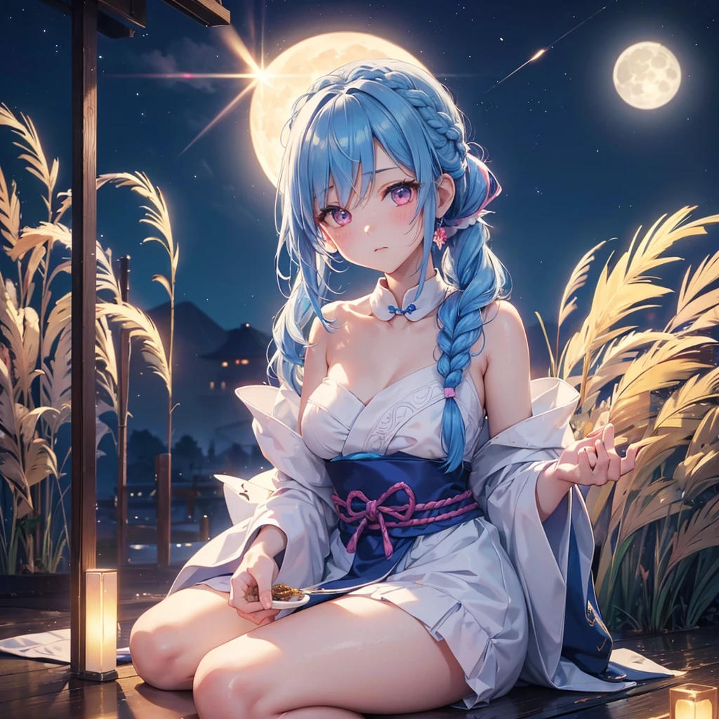 Sky blue hair, (Braided Ponytail:1.2), Pink eyes,Fair skin ,(whole body),(One Girl),Tsukimi,(White sweet dumplings ),White round dumplings,Japanese pampas grass,(beautiful, Full moon shining in the night sky),(masterpiece, Highest quality, Very detailed, Best Shadow), (Detailed Background), (Beautifully detailed face), High Contrast, (Best lighting, Very delicate and beautiful), ((Cinematic Light)), colorful, Hyper Detail,8k, Dramatic Light, Intricate details,Sit and eat dumplings while watching the moon,(Shadow of a rabbit on the moon),mysterious