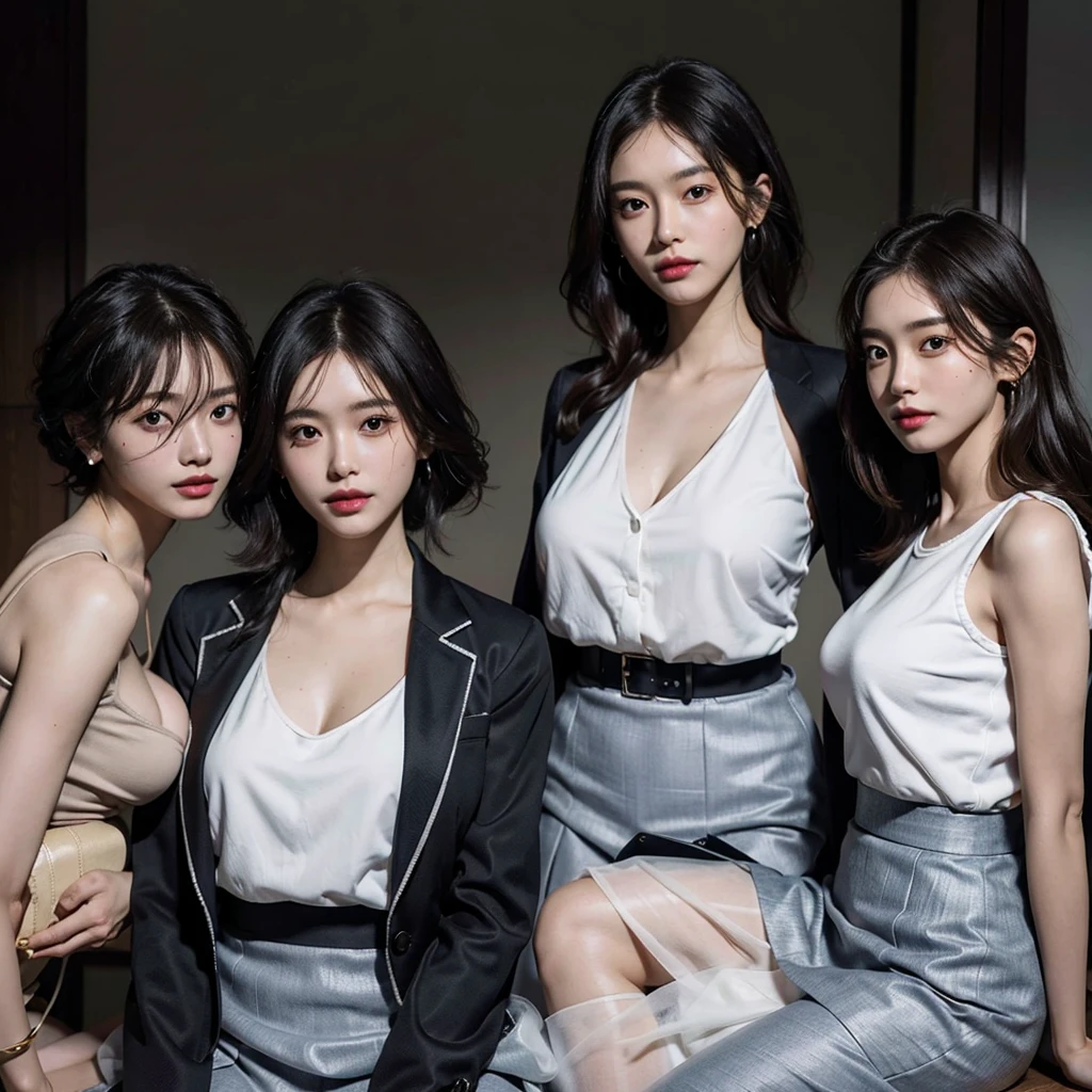 absurdres, RAW photo, extremely delicate and beautiful, masterpiece, Best Quality, ultra high resolution, 16k, hyperrealistic, ultra-detailed, Very detailed CG 8k wallpaper, Beautiful Lighting, Perfect Lightning, Realistic Shadows, perfect anatomy, super Detailed skin, perfect figure, Japanese woman, late 20s, very Slim body, narrow waist, very small head, handsome detailed woman, very detailed eyes and face, realistic face proportions, Stunning detailed eyes, Realistic beautiful face, very small face, Realistic small beautiful eyes, double eyelids, makeup, tearful mole, mole on chest, earring, bare legs, beautiful and very thin legs, beautiful and very thin thighs, (very huge round breasts:1.3), short hair, wavy hair, sweat, full body shot, (3 girls:1.5), (office lady suit:1.3), (skirt suit), (suit jacket), (blouse),