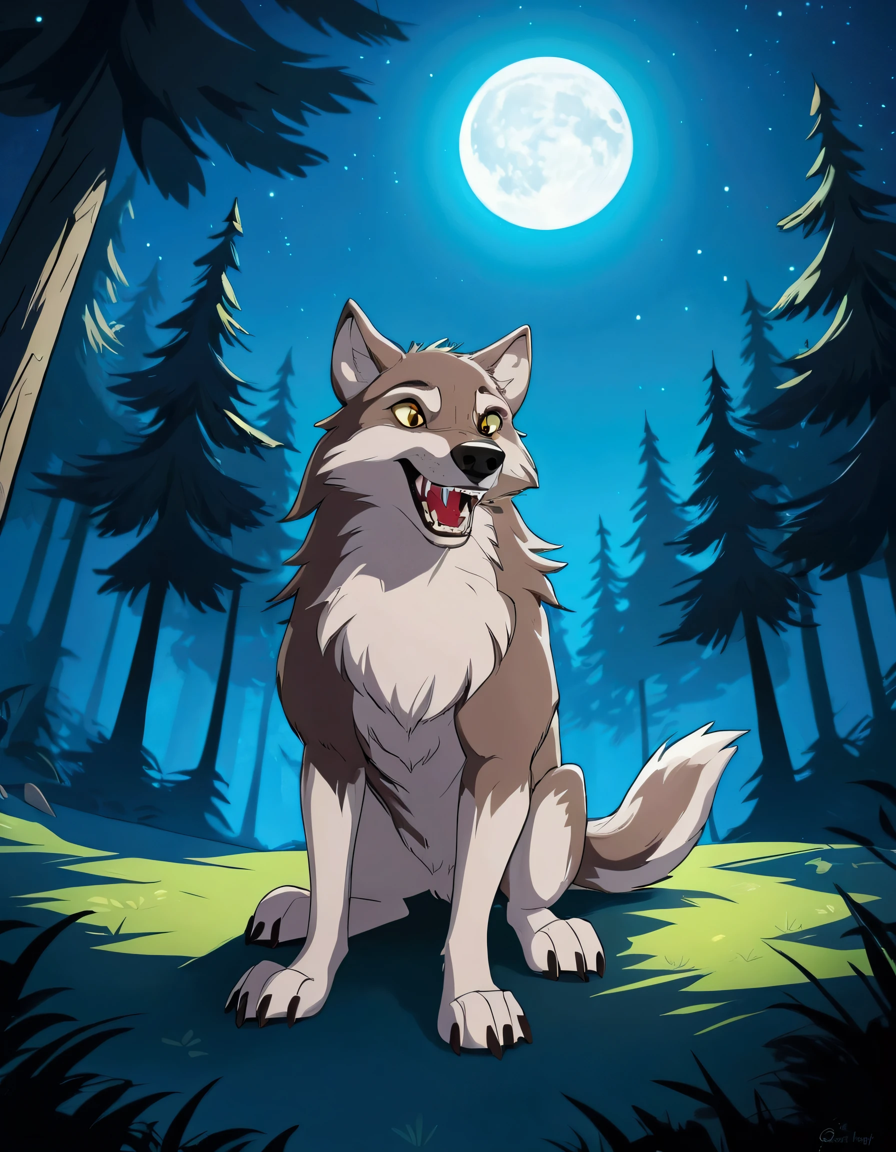 Cartoon wolf sitting in the forest at night under a full moon, ein anthropomorpher Wolf, wolf fursona, pelziger Wolf, an anthropomorpher Wolf, inspired by Caspar Wolf, anthropomorpher Wolf, angiewolf, Order for high resolution, big wolf, Anthropomorphs Wolfsgesicht, female anthropomorpher Wolf, Wolf Companion, fursona art