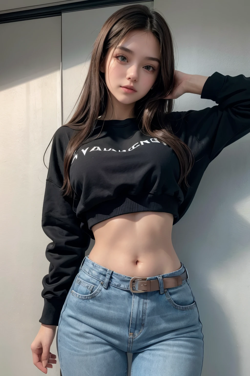 Beautiful 20-year-old brunette girl wearing a short sweatshirt and high-waisted jeans and wearing a black belt with her belly button showing over her entire body