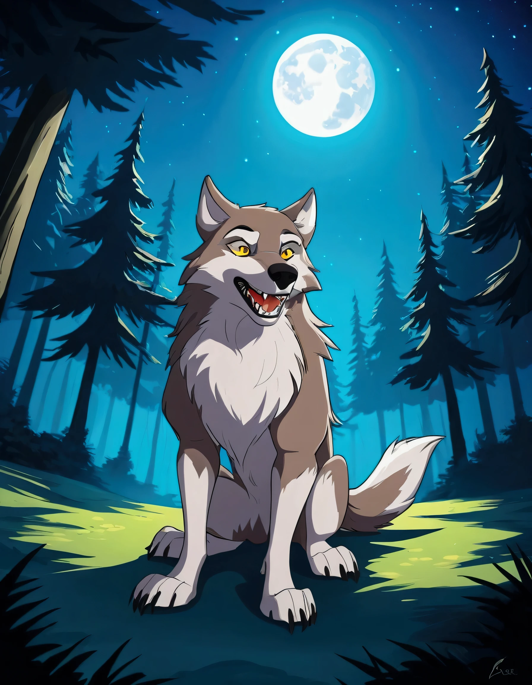Cartoon wolf sitting in the forest at night under a full moon, ein anthropomorpher Wolf, wolf fursona, pelziger Wolf, an anthropomorpher Wolf, inspired by Caspar Wolf, anthropomorpher Wolf, angiewolf, Order for high resolution, big wolf, Anthropomorphs Wolfsgesicht, female anthropomorpher Wolf, Wolf Companion, fursona art