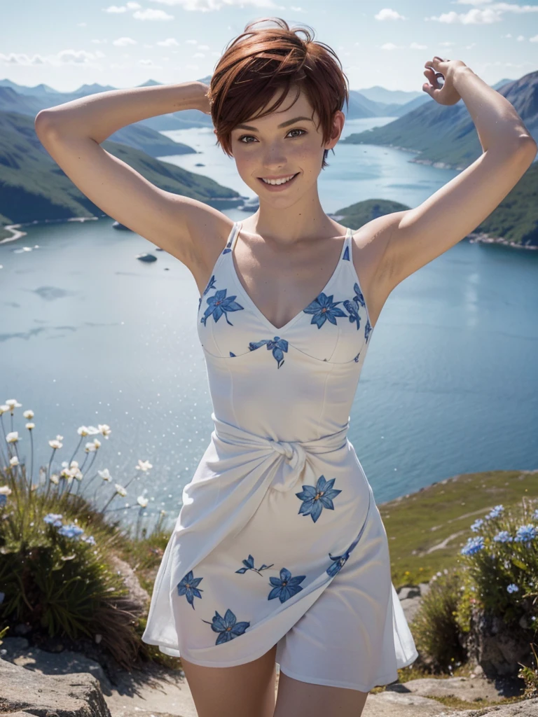 slim feminine figure, redhead, freckles, best quality, realistic skin texture, photography, detailed facial features, film grain texture and high contrast, extremely high-resolution details, photographic, photorealistic, hyper-realistic, HDR, masterpiece, ((short pixie hair)), a white flowy summer dress ((with lots of blue flower prints and a v-neck)), standing on view point in the Norwegian mountains with a magnificent view, very happy, smiling, arms out in the air, celebrating