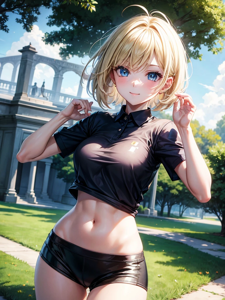 Anime style, super fine illustration, highly detailed, beautiful detailed, pale tone image, static representation, gentle expression, 8k, pretty 1girl with blonde straight short hair & blue eyes & a bright smile & full bust & soft fair skin is wearing the black polo shirt  & sportshorts, in the park, in the morning, in the brilliant particles of lights, romantic stories, solo, perfect 5fingers, perfect arms, perfect legs, masterpiece.