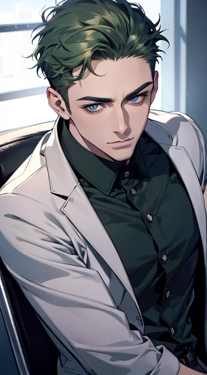 (best quality,4k,8k,highres,masterpiece:1.2),ultra-detailed,(realistic,photorealistic,photo-realistic:1.37),1 man,31 years old,mature man,very handsome,without expression,smile,short green hair,blue eyes,penetrating gaze,perfect face without errors,imposing posture,businessman,office background,cinematic lighting,hdr image