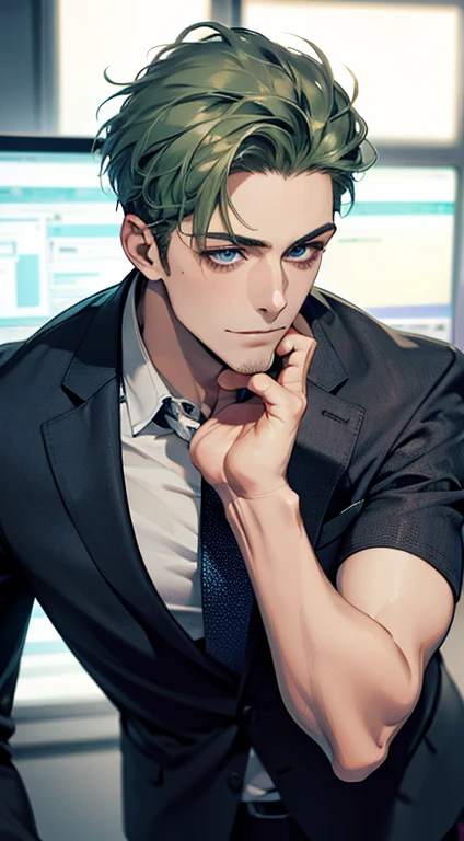 (best quality,4k,8k,highres,masterpiece:1.2),ultra-detailed,(realistic,photorealistic,photo-realistic:1.37),1 man,31 years old,mature man,very handsome,without expression,smile,short green hair,blue eyes,penetrating gaze,perfect face without errors,imposing posture,businessman,office background,cinematic lighting,hdr image