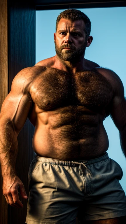 An award-winning original photo, A bear muscular man, (40 years old daddy:1.1), 1 man, Solo, (wearing shorts), (big shoulders), musculature, strong physique, hairy, chubby, stubbles, Short beard, (Detailed body), realistic eyes, deadpan, blood stains on body (looks intimidating), looking at viewer, dark lighting, (Best quality, A high resolution, Photorealistic), Cinematic lighting, Masterpiece, RAW photo, Intricate details, hdr, depth of field, full body shot, (realistic:1.4), (from the front), (from below)