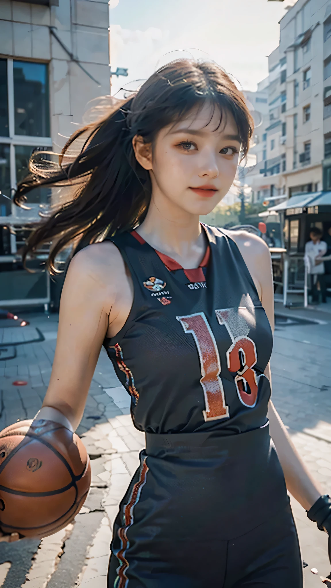 (8k, best quality, masterpiece:1.2), (realistic, photo-realistic:1.37), ultra-detailed,best quality, ultra high res, professional lighting, photon mapping, radiosity, physically-based rendering, cinematic lighting, basketball court,depth of field, sharp focus,sunbeam, good composition,(bokeh:1.2) 1girl,solo,(upper body), (closed mouth), detailed eyes, pose, narrow waist,basketball uniform, black hair,messy hair,long hair floating in wind,(ulzzang-6500:1.2), mix4, hiqcgbody