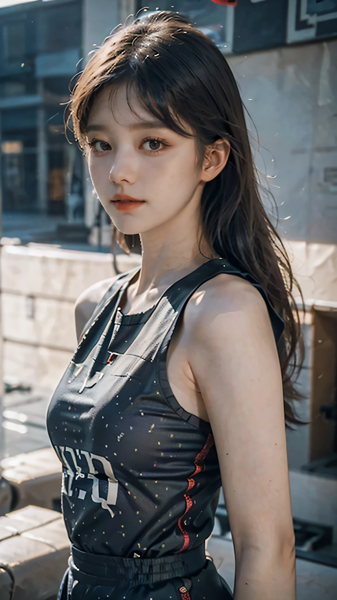 (8k, best quality, masterpiece:1.2), (realistic, photo-realistic:1.37), ultra-detailed,best quality, ultra high res, professional lighting, photon mapping, radiosity, physically-based rendering, cinematic lighting, basketball court,depth of field, sharp focus,sunbeam, good composition,(bokeh:1.2) 1girl,solo,(upper body), (closed mouth), detailed eyes, pose, narrow waist,basketball uniform, black hair,messy hair,long hair floating in wind,(ulzzang-6500:1.2),  mix4, hiqcgbody