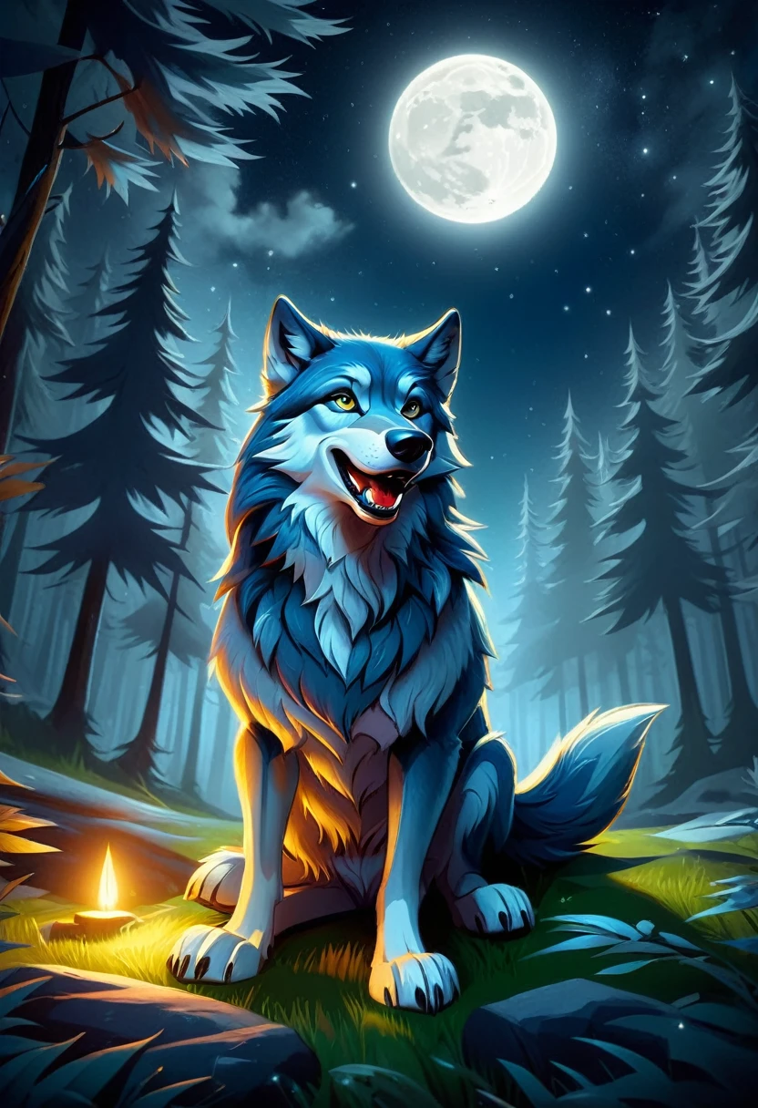 Cartoon wolf sitting in the forest at night under a full moon, ein anthropomorpher Wolf, wolf fursona, pelziger Wolf, an anthropomorpher Wolf, inspired by Caspar Wolf, anthropomorpher Wolf, angiewolf, Order for high resolution, Big Wolf, Anthropomorphs Wolfsgesicht, female anthropomorpher Wolf, Wolf Companion, fursona art