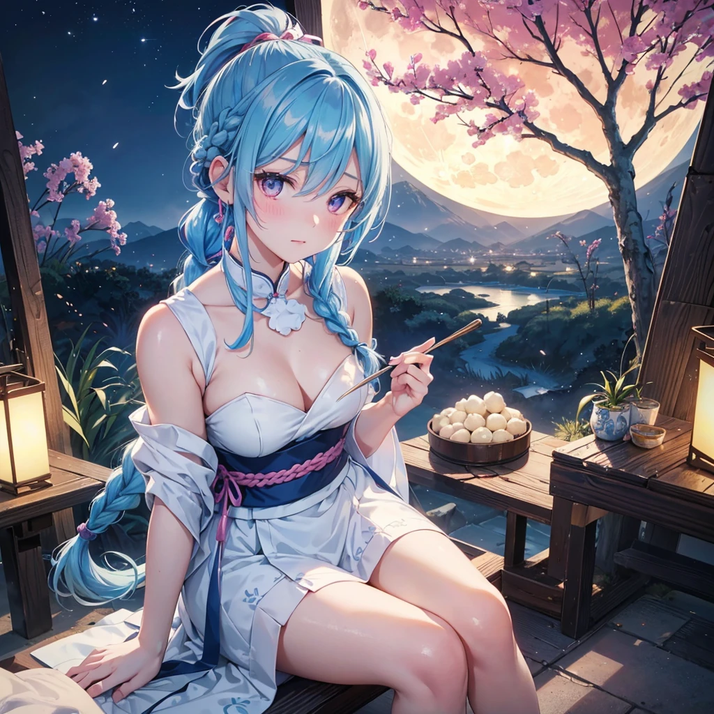 Sky blue hair, (Braided Ponytail:1.2), Pink eyes,Fair skin ,(whole body),(One Girl),Tsukimi,(White sweet dumplings ),White round dumplings,Japanese pampas grass,(beautiful, Full moon shining in the night sky),(masterpiece, Highest quality, Very detailed, Best Shadow), (Detailed Background), (Beautifully detailed face), High Contrast, (Best lighting, Very delicate and beautiful), ((Cinematic Light)), colorful, Hyper Detail,8k, Dramatic Light, Intricate details,Sit and eat dumplings while watching the moon,(Shadow of a rabbit on the moon),mysterious