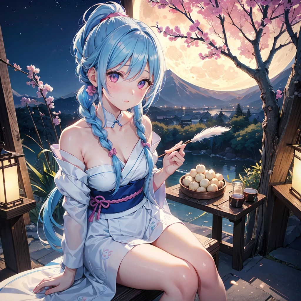 Sky blue hair, (Braided Ponytail:1.2), Pink eyes,Fair skin ,(whole body),(One Girl),Tsukimi,(White sweet dumplings ),White round dumplings,Japanese pampas grass,(beautiful, Full moon shining in the night sky),(masterpiece, Highest quality, Very detailed, Best Shadow), (Detailed Background), (Beautifully detailed face), High Contrast, (Best lighting, Very delicate and beautiful), ((Cinematic Light)), colorful, Hyper Detail,8k, Dramatic Light, Intricate details,Sit and eat dumplings while watching the moon,(Shadow of a rabbit on the moon),mysterious