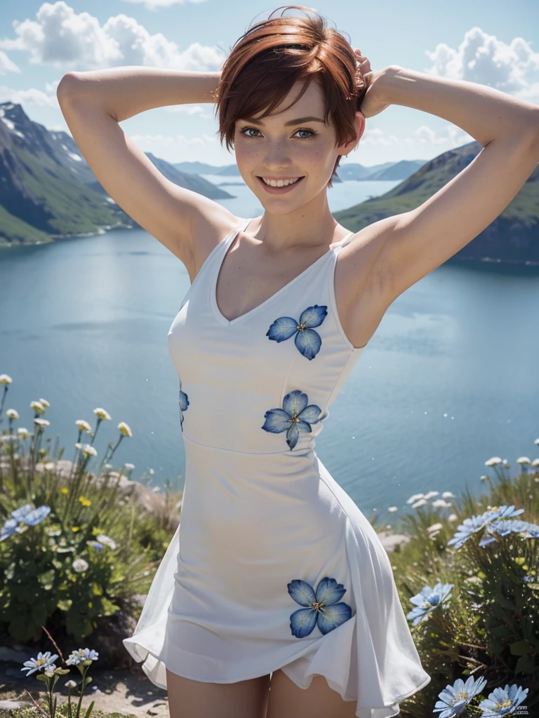 slim feminine figure, redhead, freckles, best quality, realistic skin texture, photography, detailed facial features, film grain texture and high contrast, extremely high-resolution details, photographic, photorealistic, hyper-realistic, HDR, masterpiece, ((short pixie hair)), a white flowy summer dress ((with lots of blue flower prints and a v-neck)), standing on view point in the Norwegian mountains with a magnificent view, very happy, smiling, arms out in the air, celebrating, (thin waist), (wide hips), ((small to medium firm round breasts)), ((very windy weather)), hair blowing in the wind