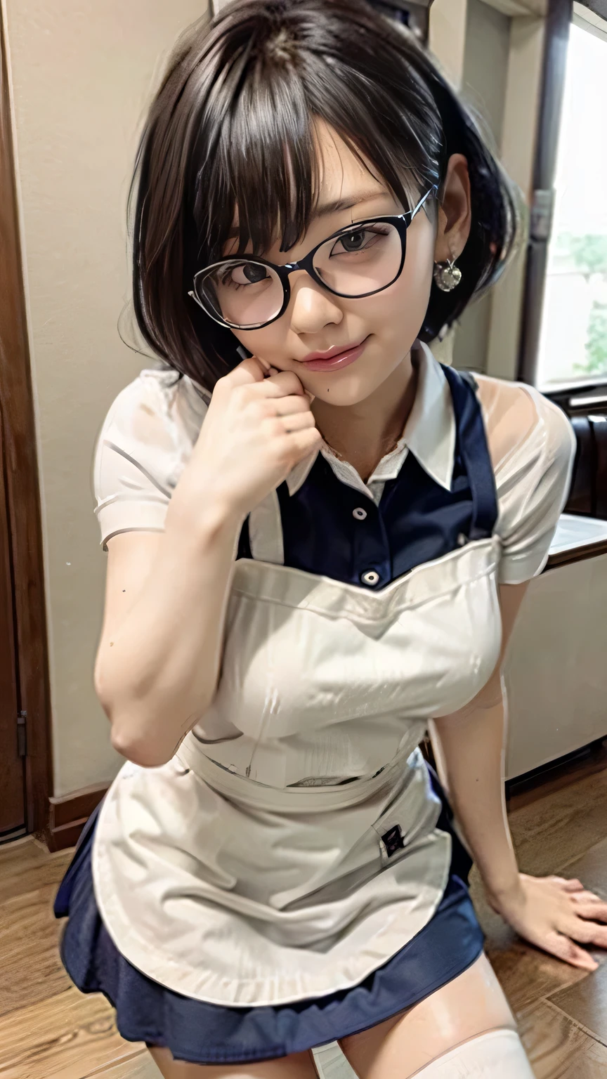 (Standing in a Japanese cafe、Maid café clerk、A girl dressed as a maid、)、(Realistic、Like a photograph、Live Action、8k, Realistic, RAW Photos, Best image quality: 1.4), Single-lens reflex camera、RAW Photos, Highest quality, Realistic, Highly detailed CG Unity 8k wallpaper, Written boundary depth, Cinematic Light, Lens flare, Ray Tracing, Realistic background、(Wearing maid uniform:1.2、Mini skirt maid outfit:1.4、Apron over skirt:1.5、Over the knee socks:1.2、Thin thighs)、(Carrying coffee)、(short hair、Wear glasses)、Working in a cafe:1.4、((ultra high density skin))、 1 female,Cute Japanese Girl、(whole body:1.5),Business Smile、Pay attention to the details、Perfect outfit、Earrings、(White skin)、Accurate Arm、Accurate legs、Anatomically correct body、Accurate fingering、(Compoom the ground)、Super detailed face