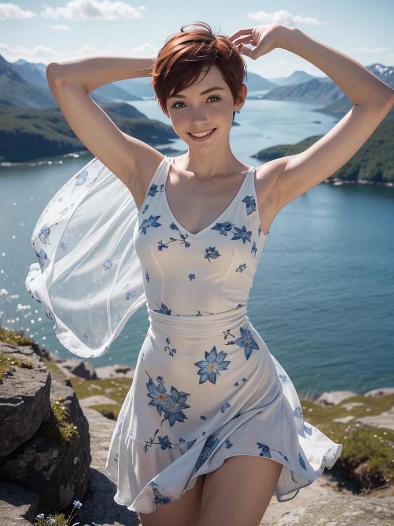 slim feminine figure, redhead, freckles, best quality, realistic skin texture, photography, detailed facial features, film grain texture and high contrast, extremely high-resolution details, photographic, photorealistic, hyper-realistic, HDR, masterpiece, ((short pixie hair)), a white flowy summer dress ((with lots of blue flower prints and a v-neck)), standing on view point in the Norwegian mountains with a magnificent view, very happy, smiling, arms out in the air, celebrating, (thin waist), (wide ????), ((small to medium firm round ???????)), ((very windy weather)), hair blowing in the wind