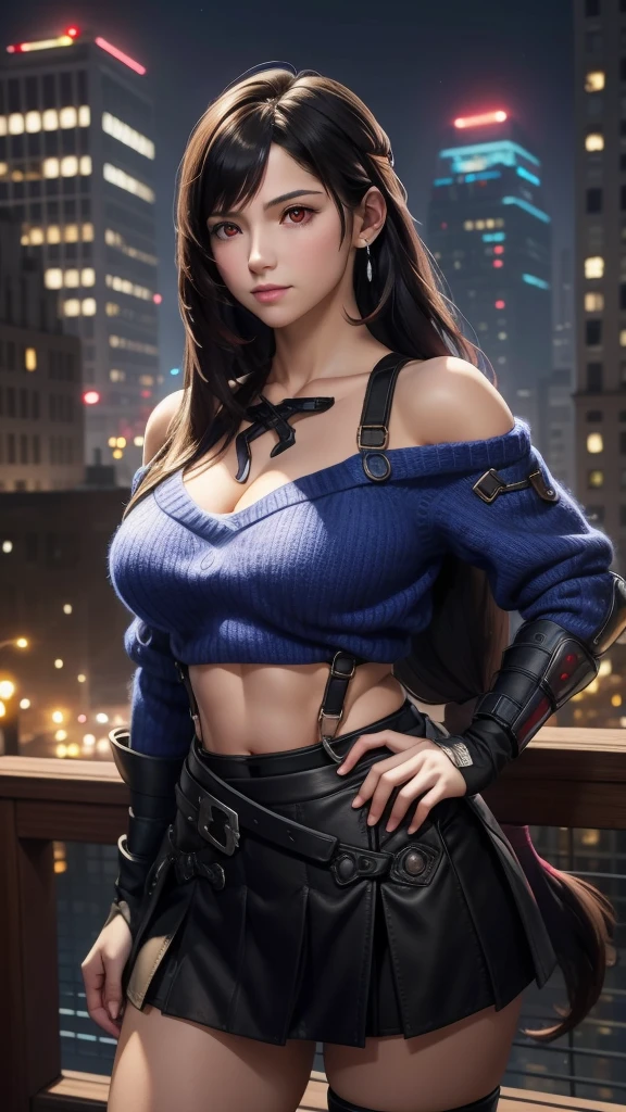 perfect eyes:1.2, detailed eyes:1.4, serious, hand on hip, night, city, metTifa, red eyes, large breasts, low-tied long hair, earrings, cropped sweater, blue sweater, off-shoulder, short sleeves, suspender skirt, elbow gloves, armored legwear, medium full shot, thigh-level shot, 1girl,(masterpiece:1.6, best quality),
